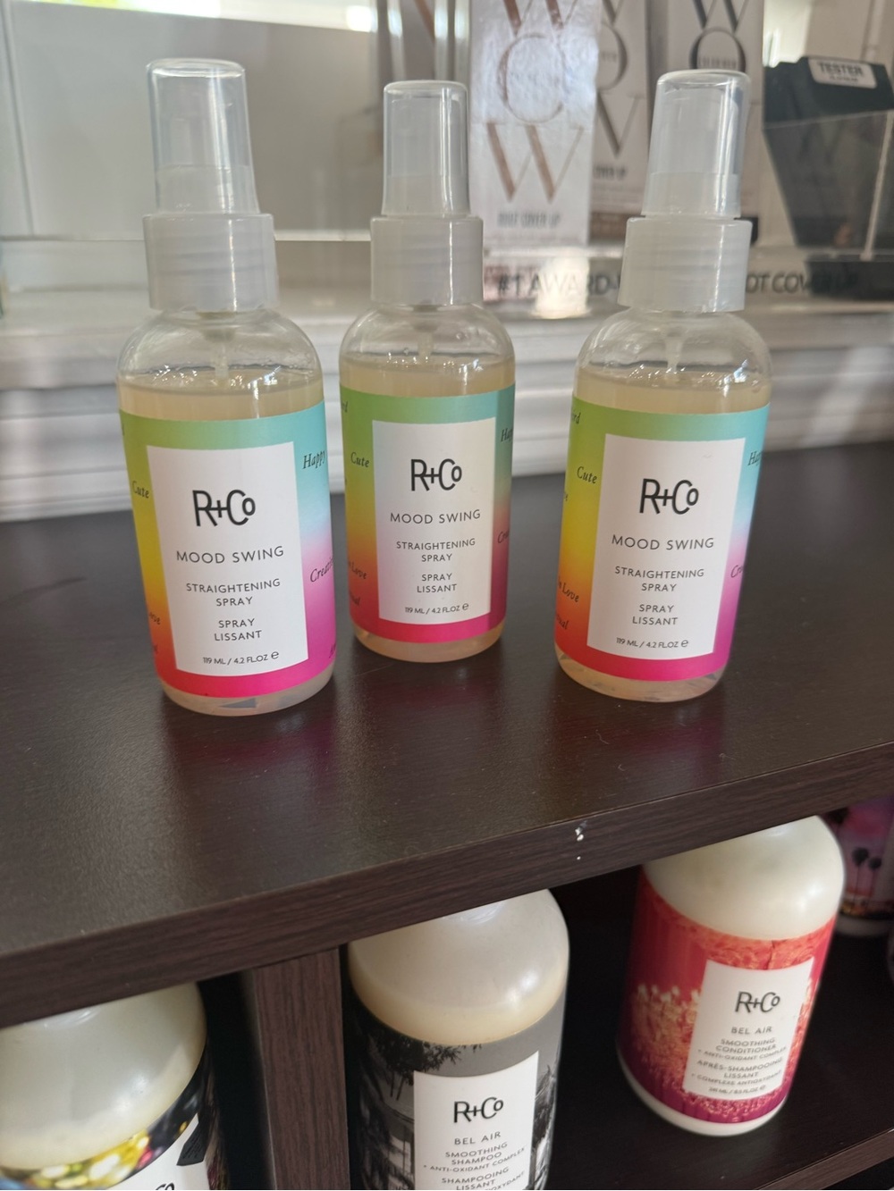 R+Co 3 Mood Swing Straightening Spray — Rainbow Gradient Label